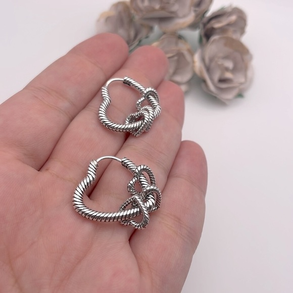 925 Sterling Silver Heart Shape Hoop Earrings - Picture 6 of 8